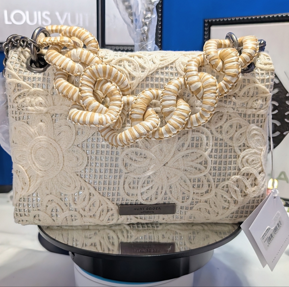 Kurt Geiger Md Kensington With Cream Embroidered Lace Exterior W/ Braided Handle - Picture 9 of 16